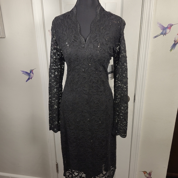 MARINA Dresses & Skirts - MARINA Black Sequin Lace Long Sleeve Mini Dress Size 12 Cocktail Evening LBD